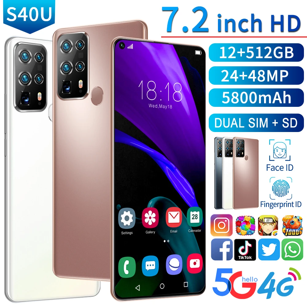 

2021 Newest 7.2" S40U Mobile Phone Snapdragon 888 Android 10.0 12GB 512GB 5800mAh Fingerprint Unlock Smart Cellphone