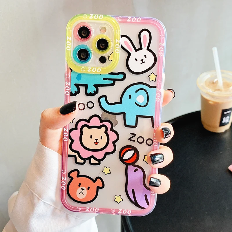 For iPhone 13 Pro Case Cute Bear Animals Zoo Soft Phone Case For iPhone 11 12 13 Pro Max XS XR X 7 8 Plus Cartoon Rabbit Cover