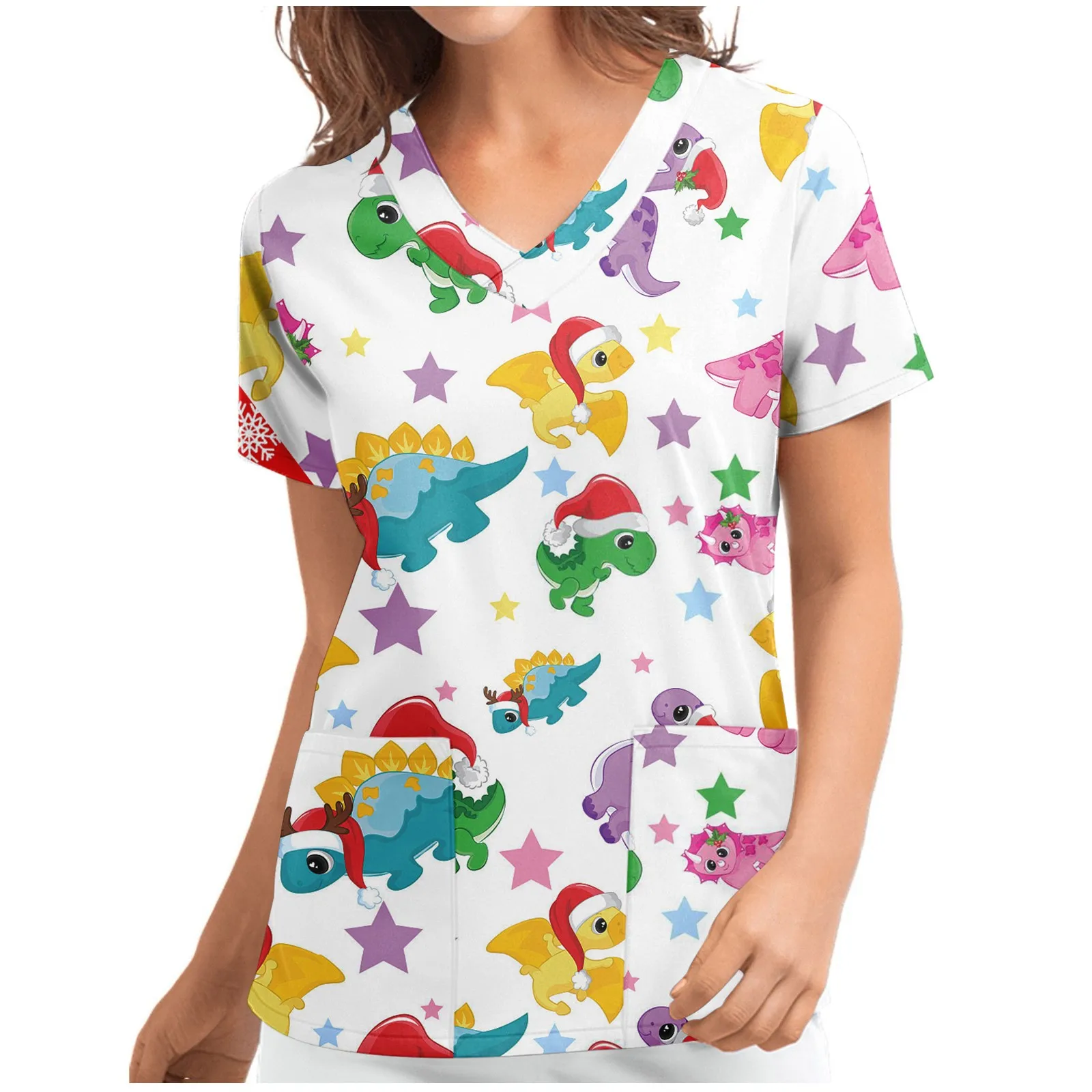 Униформа медсестры на Рождество с коротким рукавом и принтом снеговика |