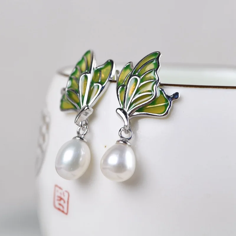 

FNJ enameling Butterfly Earrings 925 Silver Original Pure S925 Sterling Silver Stud Earring Women Jewelry Freshwater Pearl