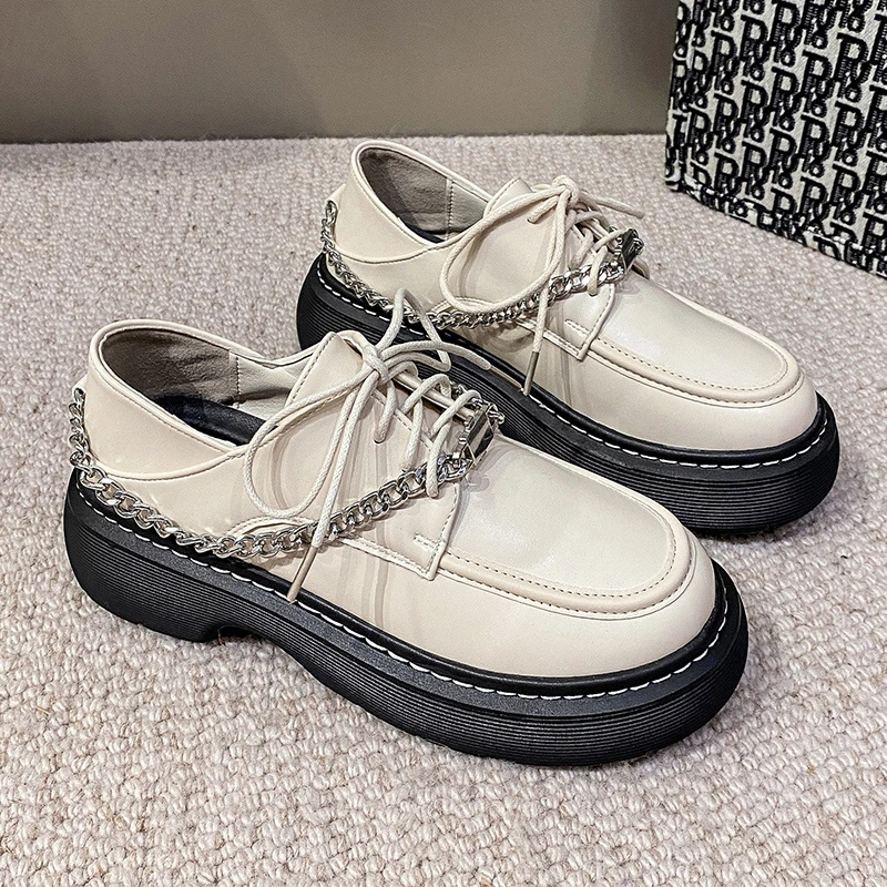 

New Women's Shoes Platform Black Punk Student Leather Shoes Round Head Fashion Chain Design Thick Bottom Ladies Shoes