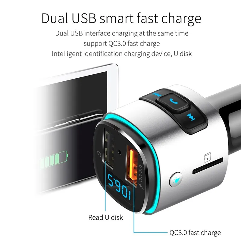 Fm-передатчик Автомобильный Bluetooth беспроводной QC 3,0 быстрое зарядное устройство двойной USB Громкая связь MP3-плеер U диск TF кард-ридер автомобильное зарядное устройство