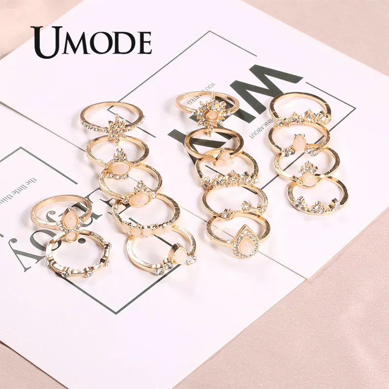 UMODE, золотые кольца для девочек, наборы, 16 шт., кольца для женщин, кольца с камнем в виде капли, кольца с короной, опал, модные ювелирные изделия, Прямая поставка, PR0221