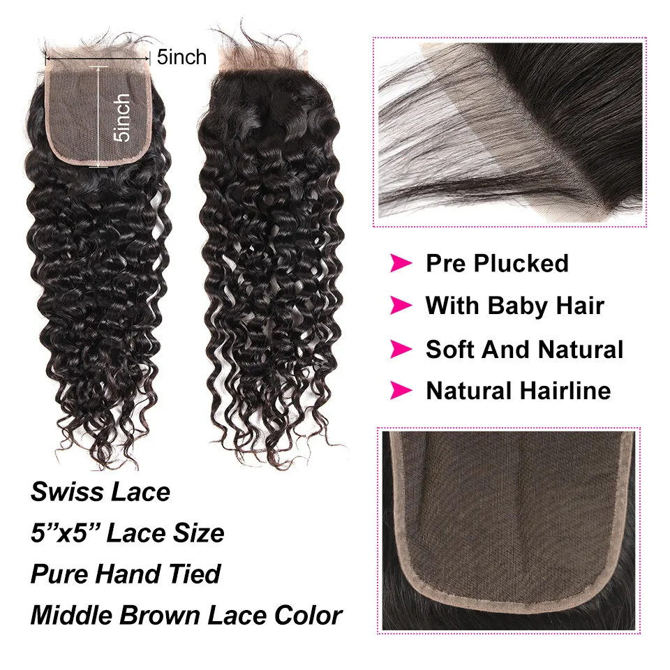 Волнистые пучки воды с 5x5 замыканием Wiggins из перуанских волос человека 3 натуральный реми швейцарский кружевной.