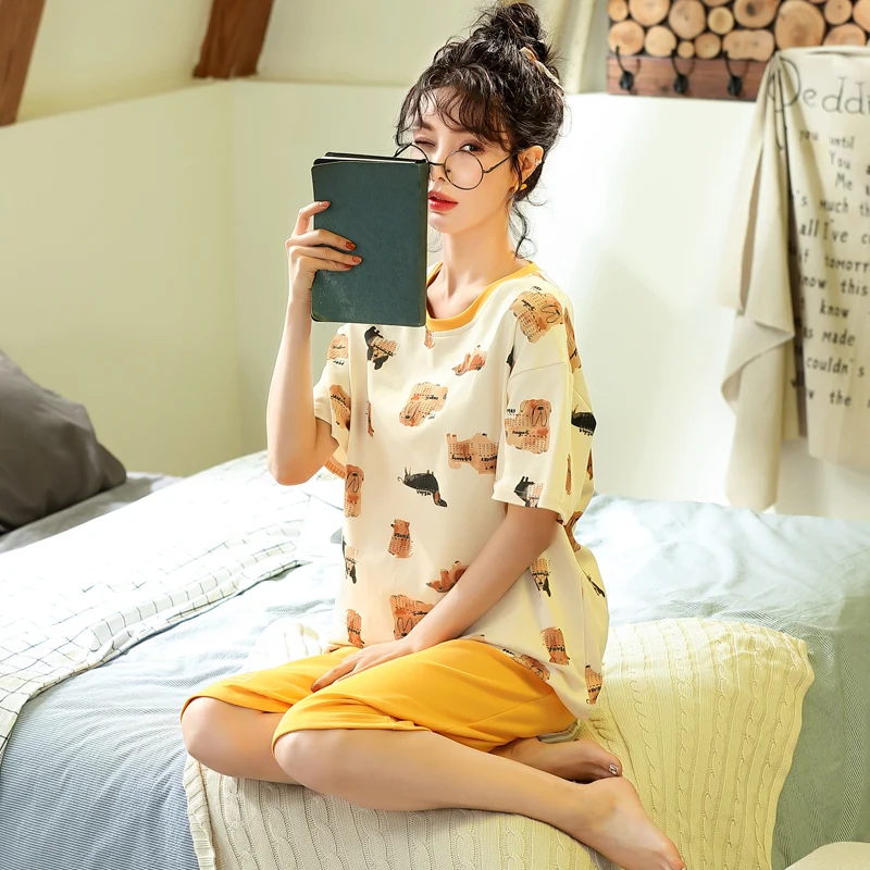

For Women Casual Round Color Loose Calf-Length Pants Homewear Women Summer Sleepwear Animal Cartoon Print Short Sleeve Pajamas