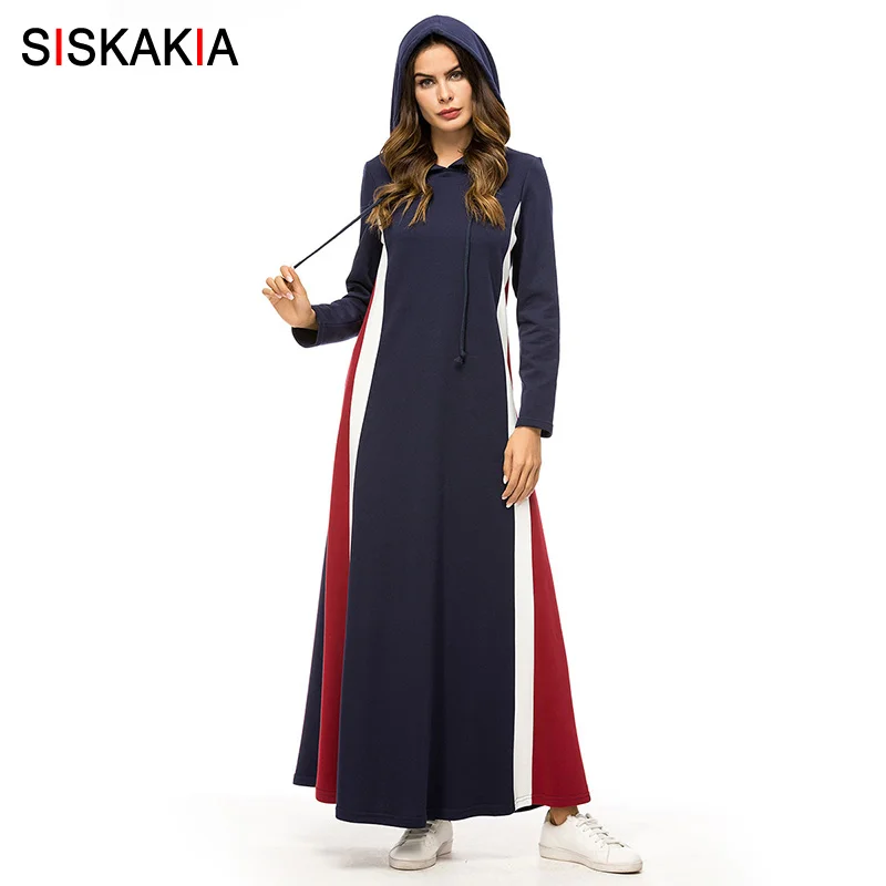 Siskakia, длинное платье с капюшоном, утолщенное, осень, модное, в полоску, цвет, блок, повседневное, макси, платья с длинным рукавом, синий, мусульманская одежда, Новинка