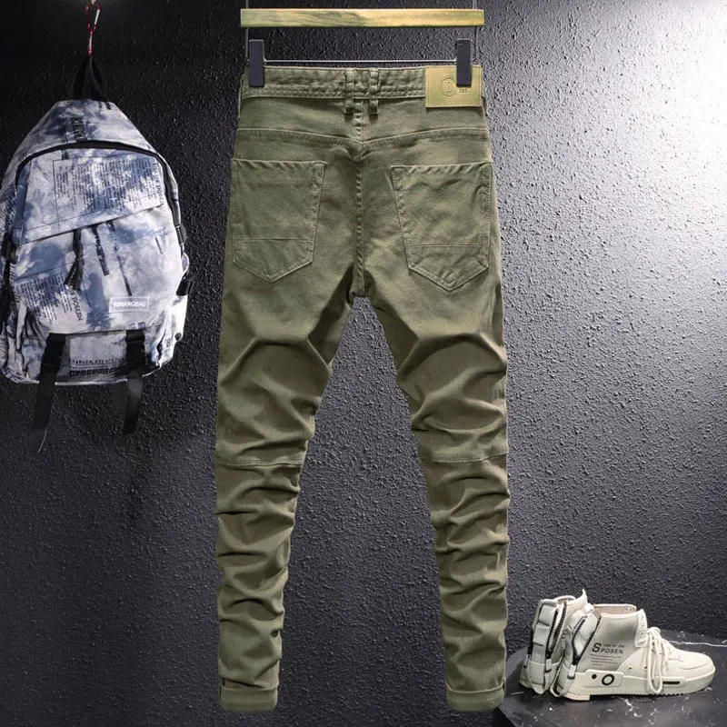 Korean Style Fashion Men Jeans Army Green Elastic Slim Fit Spliced Designer Biker Jeans Men Streetwear Hip Hop Denim Pants Homme