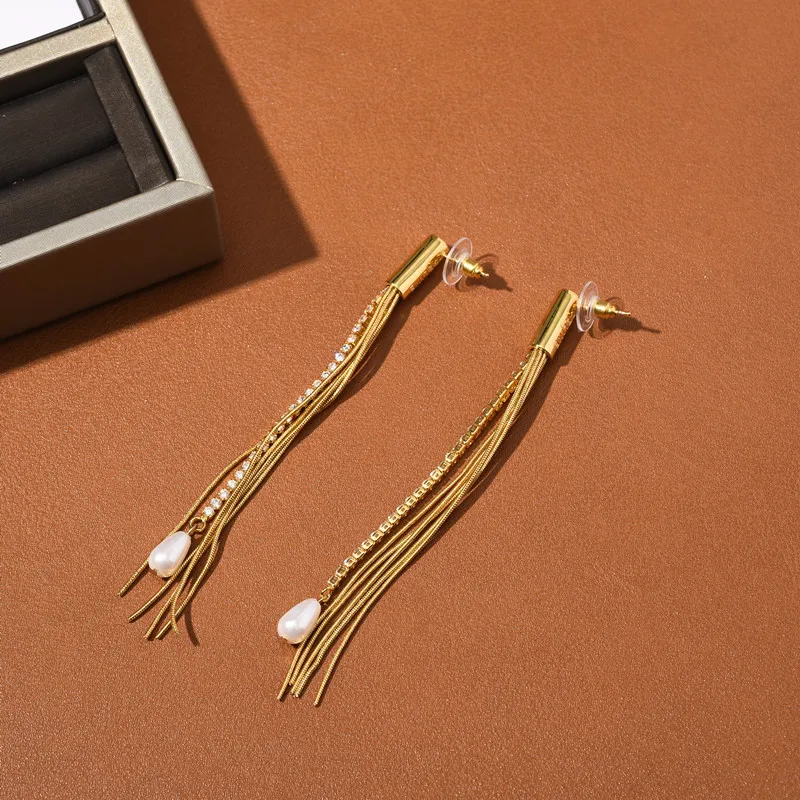 

Новинка 2021, длинные серьги с кисточками и инкрустированными жемчугом, женские металлические серьги в европейском и американском стиле