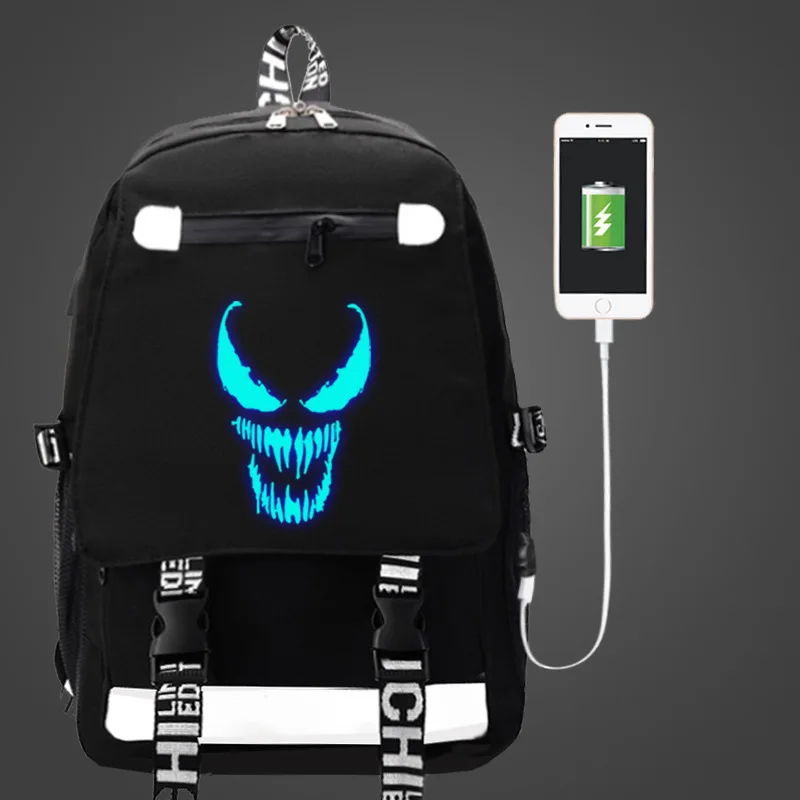 Venom комический рюкзак с героем USB Сумка дорожная школьная светящаяся Книга сумка