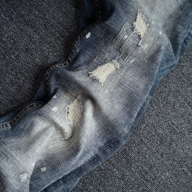 European American Vintage Fashion Men Jeans Retro Gray Blue Slim Fit Ripped Jeans Men Painted Designer Elastic Denim Punk Pants