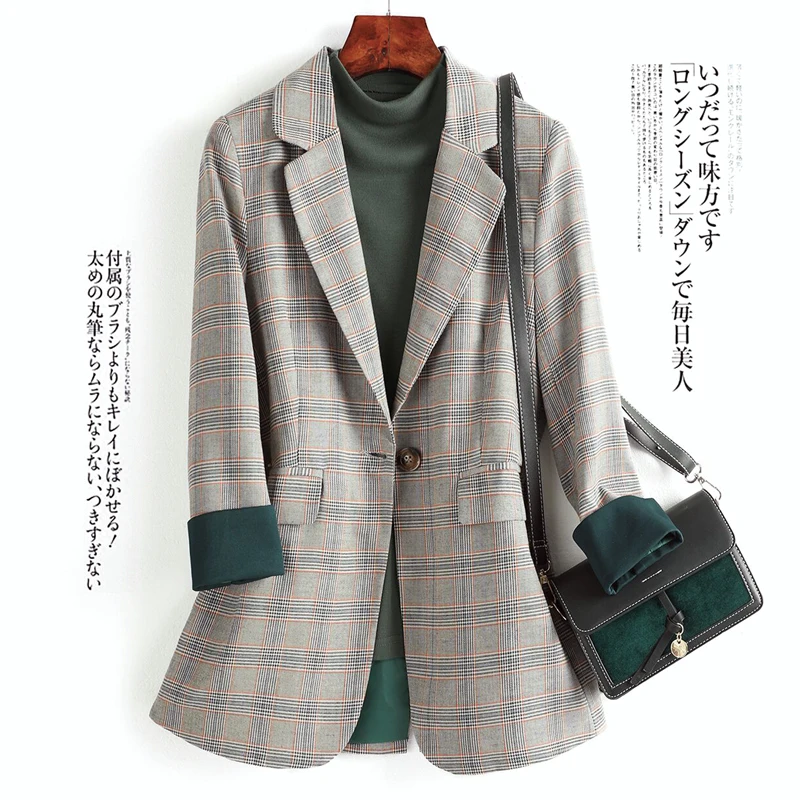 

Женский блейзер в шотландскую клетку, серый пиджак свободного покроя в винтажном стиле для офиса, весна размера плюс, MM60NXZ
