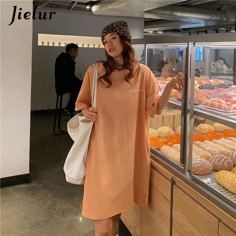 

Jielur Dress Women Summer Print O-neck Slim Short Sleeve Dress Loose Chic High Waist Robe Femme Vestidos Pockets Dresses