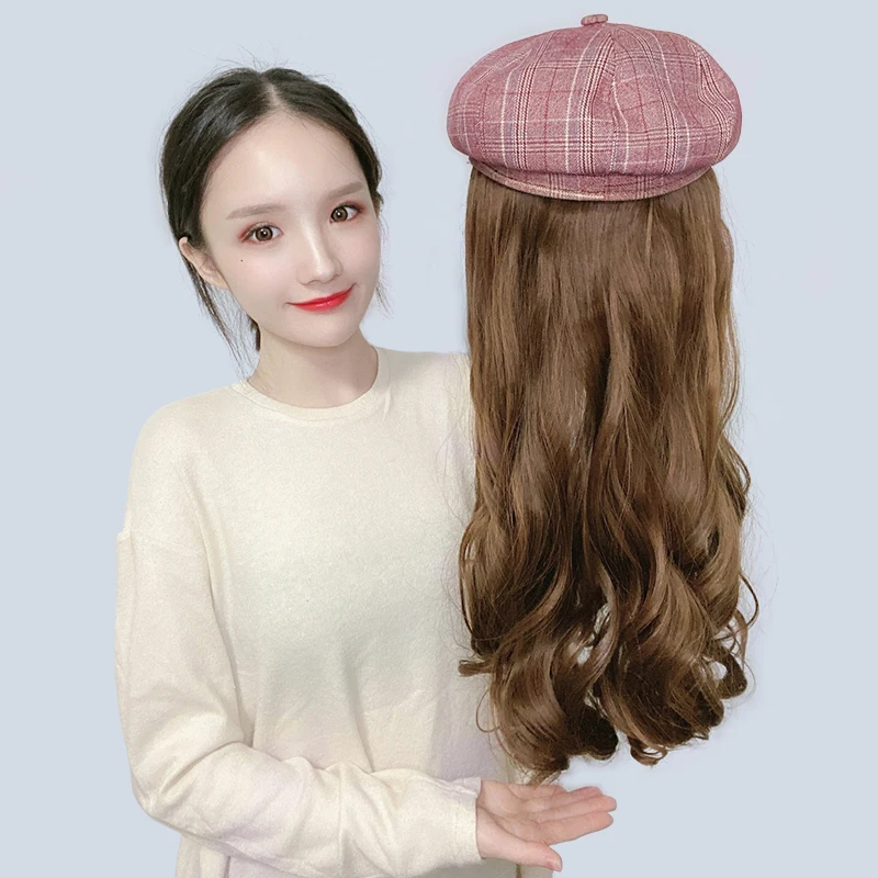 

LANLAN hat wig red octagonal hat female autumn and winter Korean version of the British retro tide painter long curly hair beret