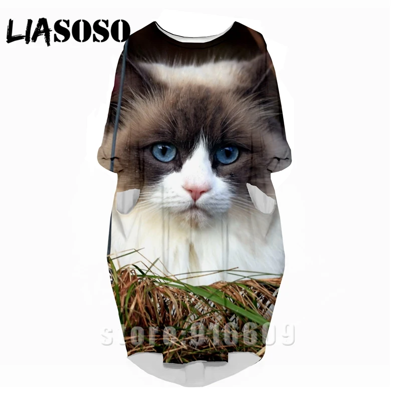 

LIASOSO 3D Print Fashion Funny Shirt Suit Rock Harajuku Animal Cat Women Anime Kitty Gown Lady Clothing Party Long-Sleeved Dress