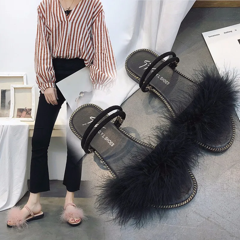 Туфли на плоском ходу с открытым носком перьями страуса Женские сандалии