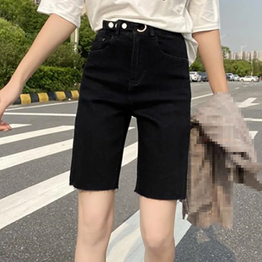 

2021 New High Waist Jeans Shorts Women's Blue Knee Length Long Shorts Ladies Summer Casual Denim Bermuda Shorts Femme