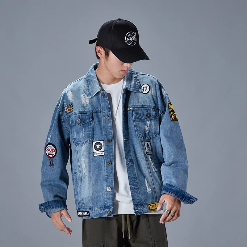 

Куртка мужская джинсовая с несколькими карманами, Повседневная Свободная деловая рубашка с дырками, универсальный тренд, весна-осень 2021