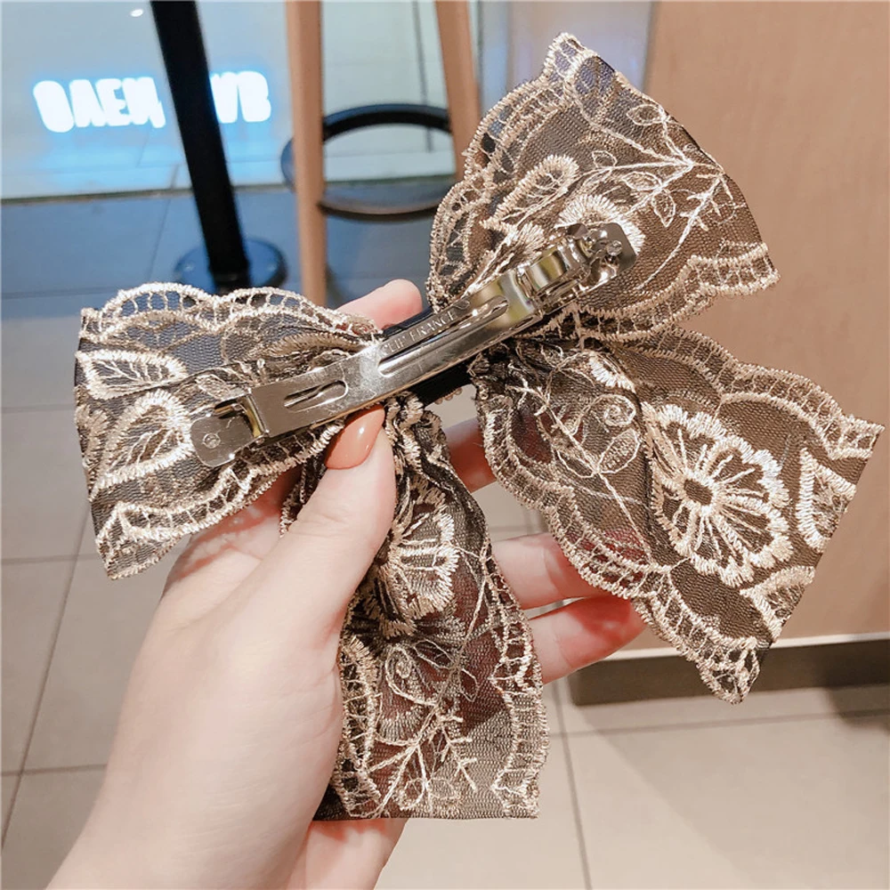 

New Lace Fabric Big Bow Spring Clip Pearl Decor Bowknot Hairpin for Women Flower Hair Jewelry Fashion Headwear Hair Accessories