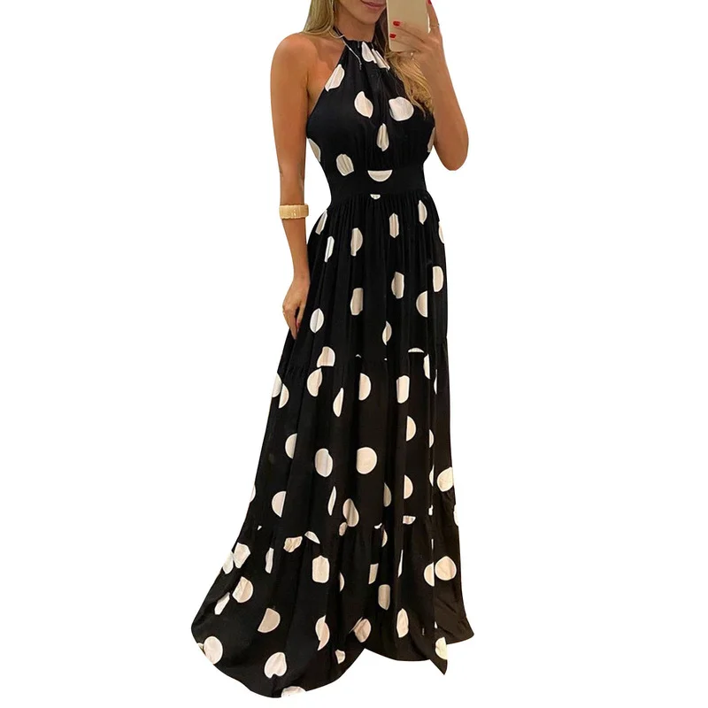 

2021 Summer New Ladies Style Sexy Polka Dot Leopard Print Dress Hanging Neck Mopping Halter Long Skirt Woman Clothing WE166