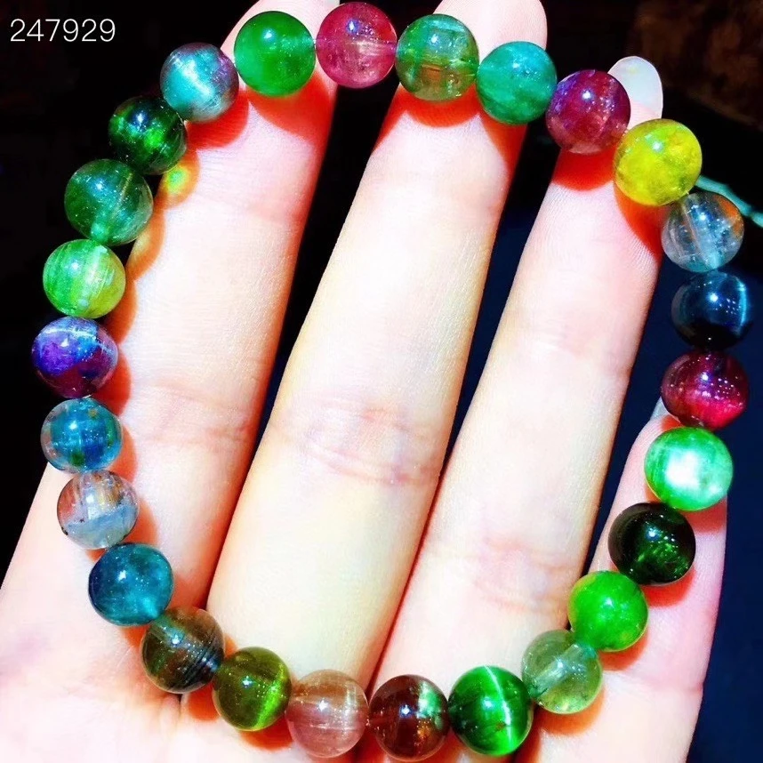 

Genuine Natural Colorful Tourmaline Cat Eye Bracelet 7.5mm Clear Round Beads Women Men Rare Genuine AAAAA