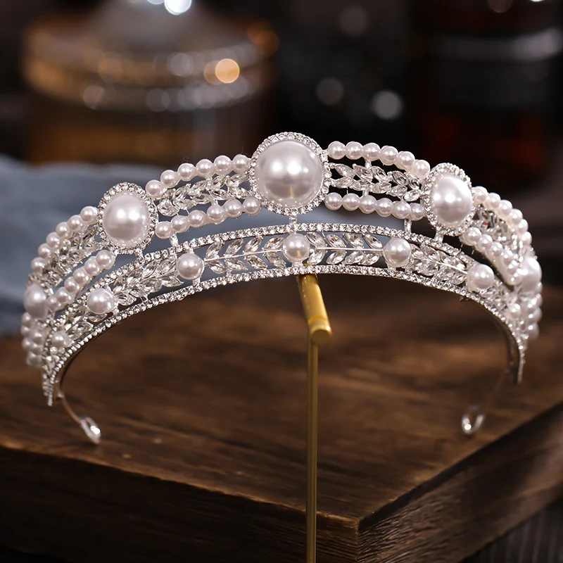 

Vintage Baroque Silver Color Pearl Hair Accessories Queen Princess Tiara Crowns Wedding Bridal Diadem Women Elegent Hair Jewelry