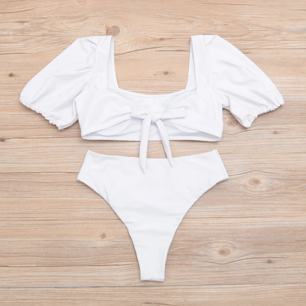 

2021 Sexy Bubble Sleeves Bikini Set Women Two Pieces Swimsuit High Waist Swimwear Female Short Sleeve Bikini Bathing Suits Beach