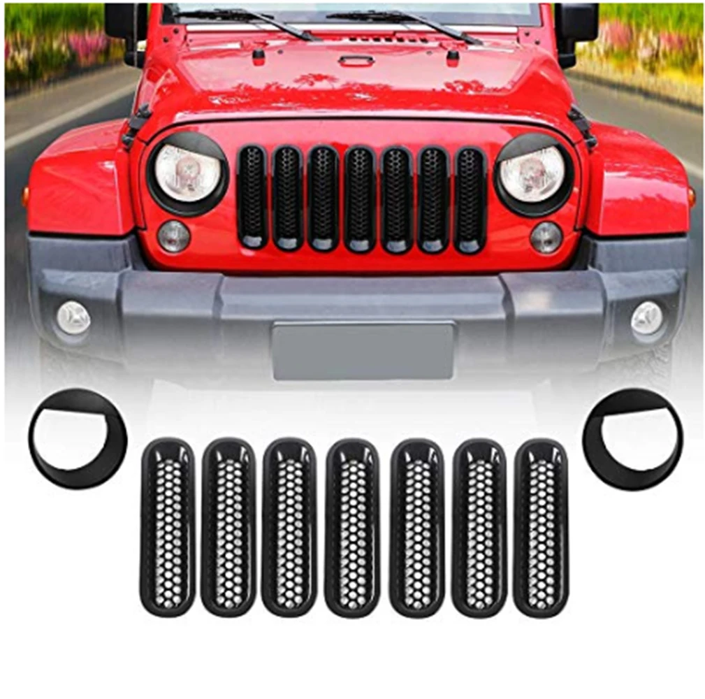

Сетчатые вставки для передней решетки автомобиля, декоративные наклейки для передней фары для Jeep Wrangler JK JKU 2007-2017, черные внешние аксессуары