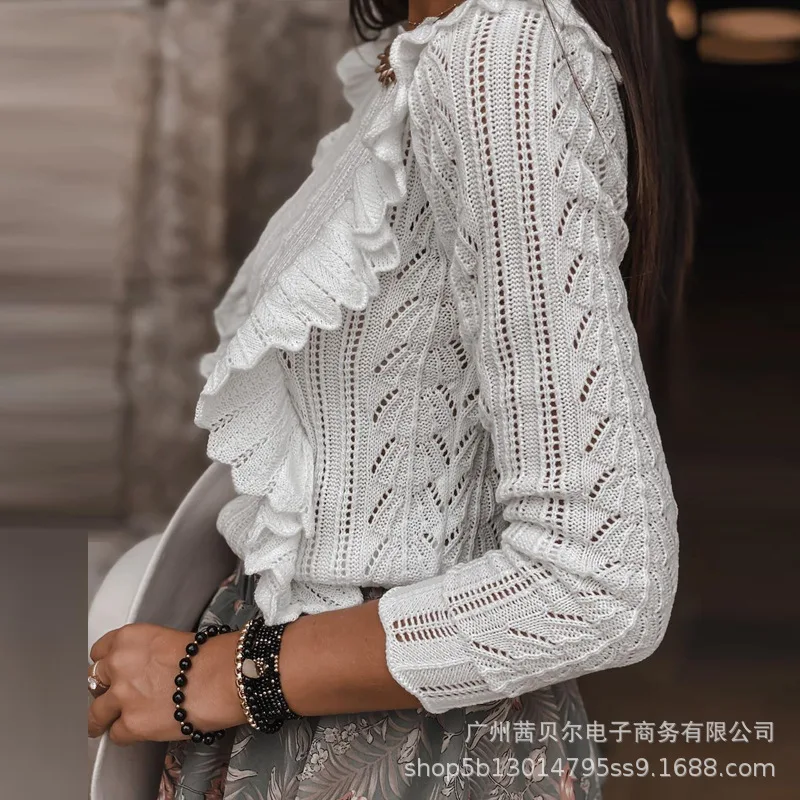 

WEPBEL Women Spring Autumn Hollow Out Ruffles Knitted Sweatshirt Pullover Sweater Ladies Elegant Long Sleeve O Neck Knitwear