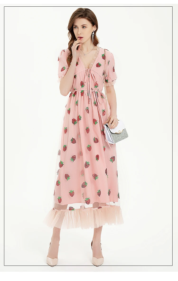 Женское Сетчатое длинное платье с блестками розовое праздничное V-образным