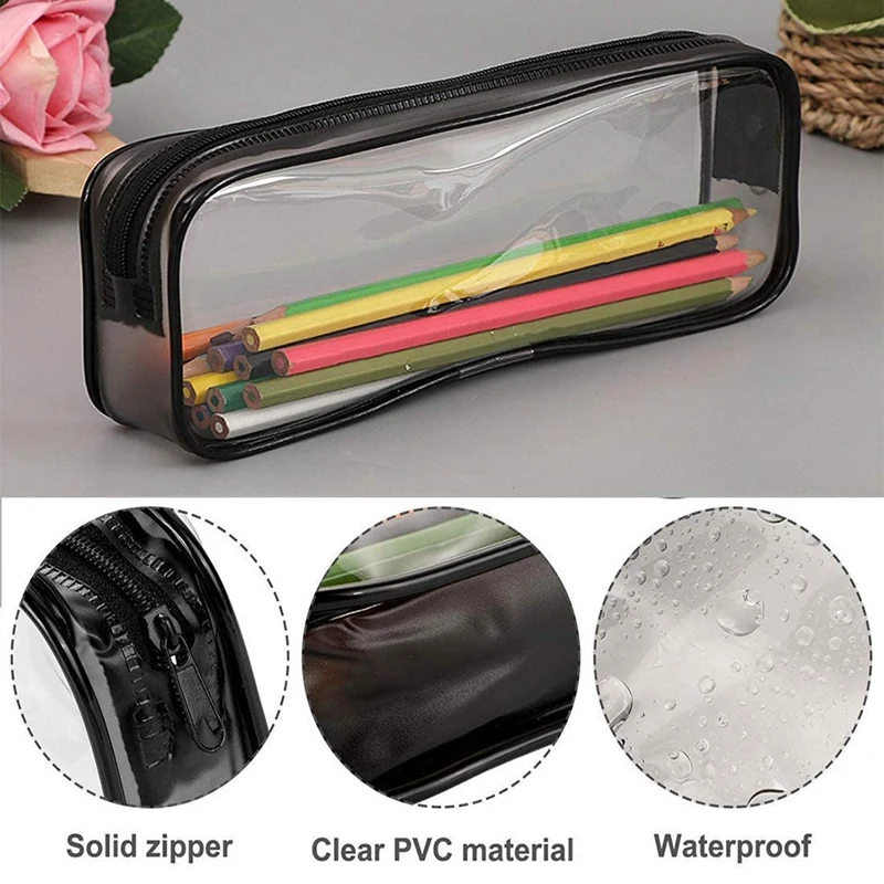 

4 Pcs Clear Pencil Bag, Black PVC Pencil Case Transparent Exam Pen Case Clear Makeup Case with Zipper