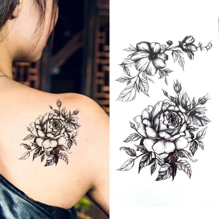 

New Black big flower beautifulred rose flower Body Art Waterproof fake sexy For Woman Flash TemporaryTattoo Stickers 10*20CM