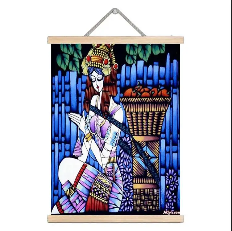 

Chinese National Style Canvas Painting Ethnic Girls Wall Art Painting Home Decor Wood Scroll Hanging Painting Living Room Poster