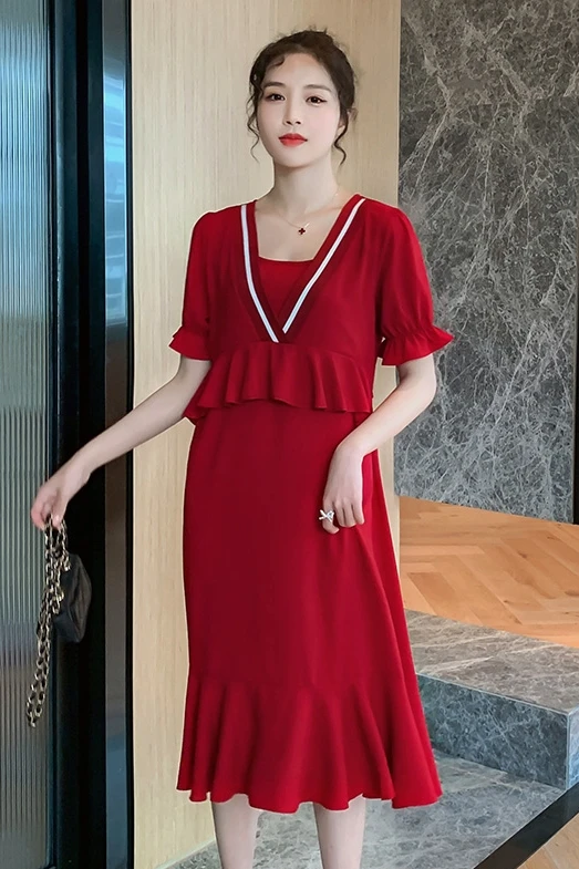 

7033# Summer Chiffon Maternity Long Party Dress Elegant A Line Slim Loose Clothes for Pregnant Women Chic Ins Pregnancy Dress