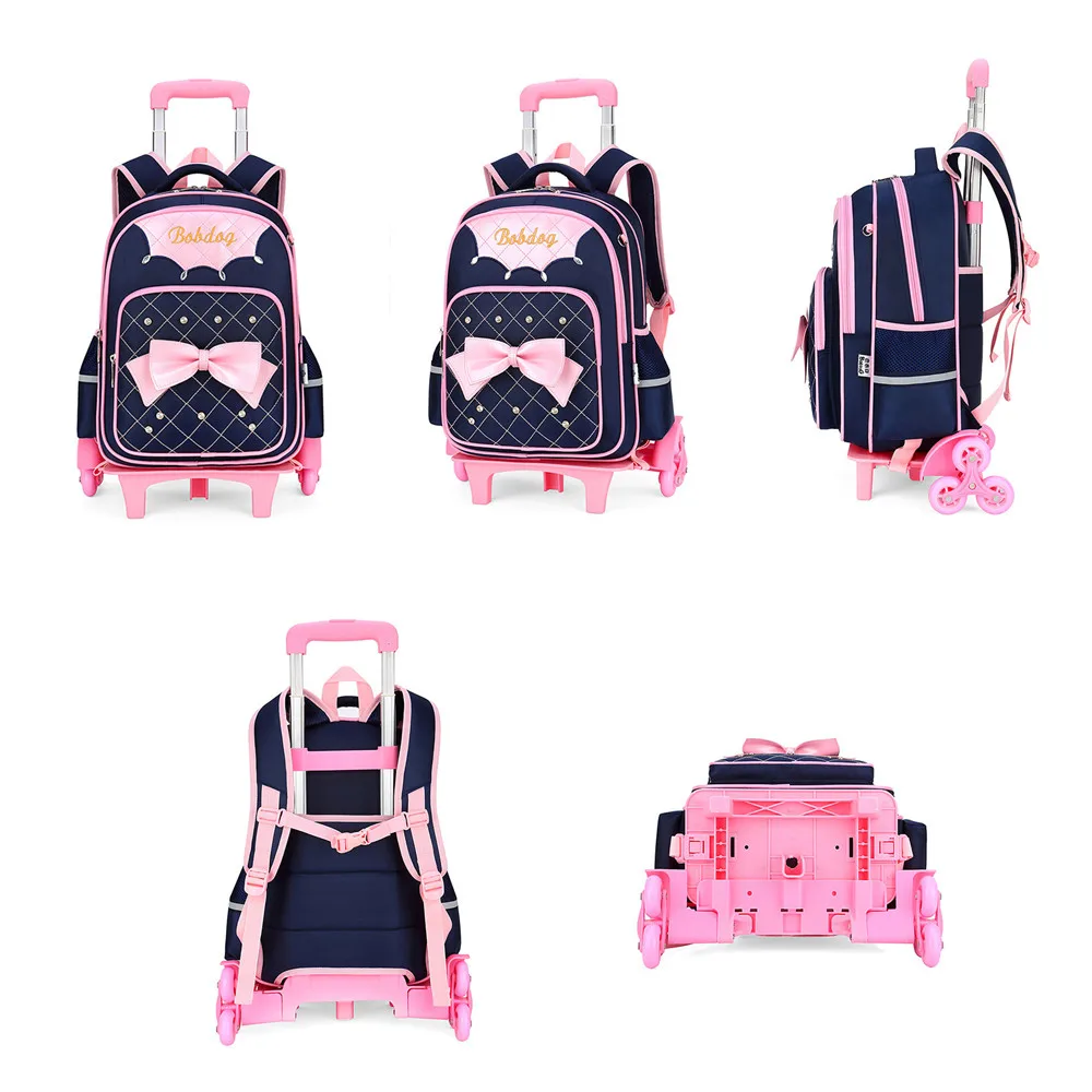 Рюкзак на колесиках для девочек школьные ранцы принцессы с милым бантом детский