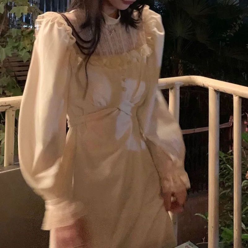 Черное платье феи с длинным рукавом весеннее кружевное свободное женская