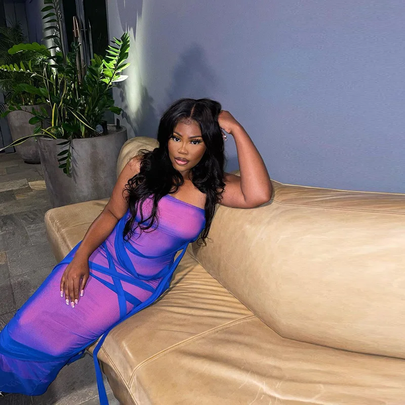 

Ribbons Mesh See Through Bodycon Party Dresses Women Sexy Clubwear Long Dress Patchwork Sleeveless Basic Female Bandage Outfits