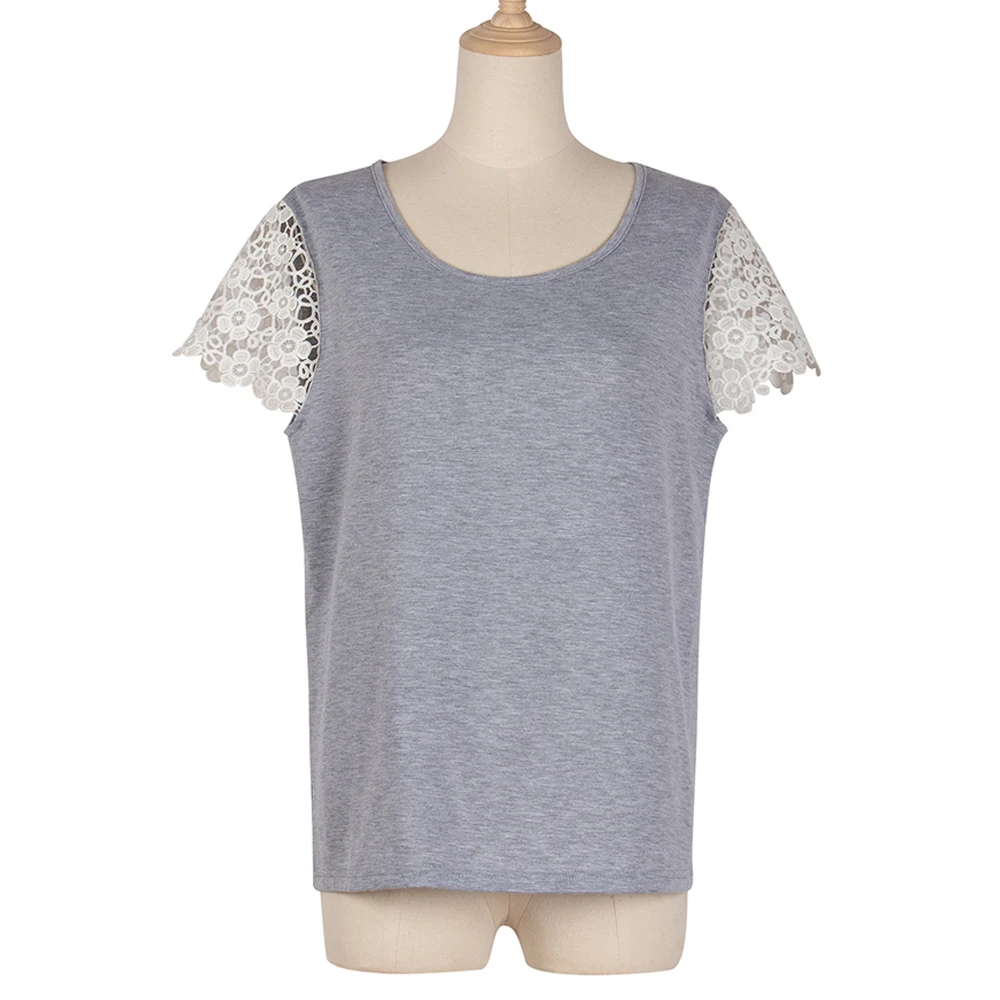 

Gray T-Shirt Women's 2021 Spring Summer New Casual Solid Color Slim Pullover Tops Loose O Neck Lace Short Sleeve Tee Shirt Femme