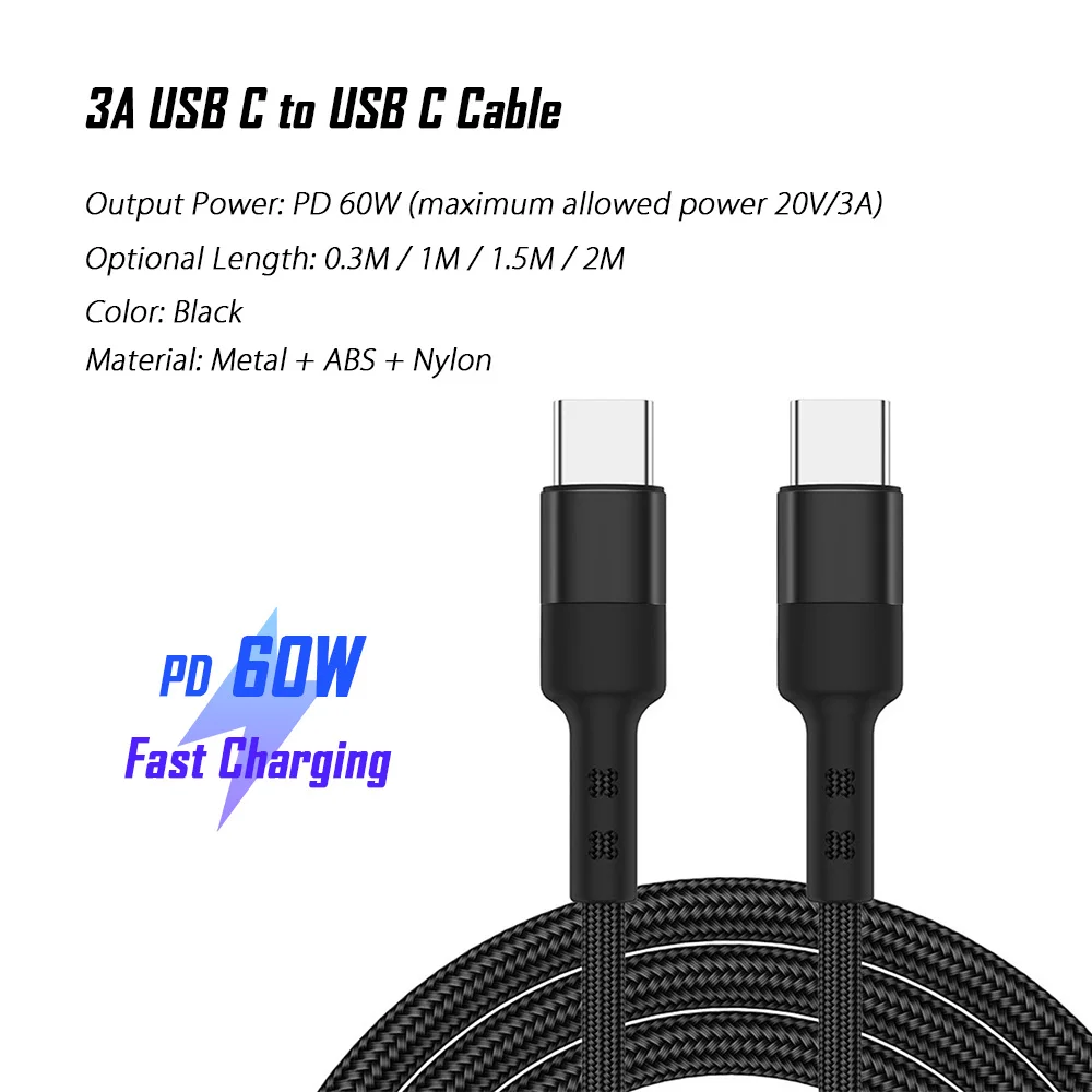 

60W USB Type C to USB C PD Fast Charge Cable 0.3m 1m 1.5m 2m USBC Tipo C Kabel for Samsung Xiaomi TypeC Quick Rapid Charger Cord