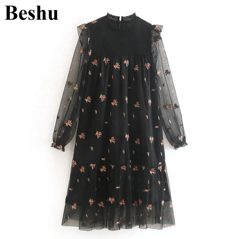 Za 2020 модное женское мини платье из черного тюля с вышивкой и гофрированным