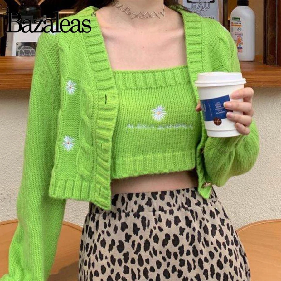 Винтажный кардиган Bazaleas с вышивкой маргариток женская уличная одежда зеленый