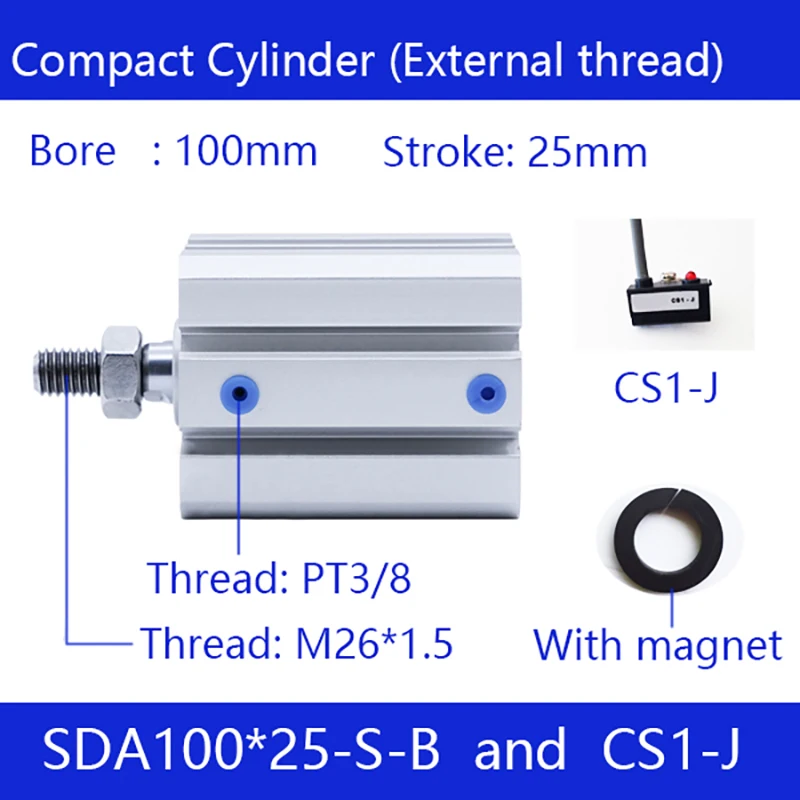 

SDA100x25-B Free shipping 100mm Bore 25mm Stroke External thread Compact Air Cylinders Double Action Pneumatic Cylinder