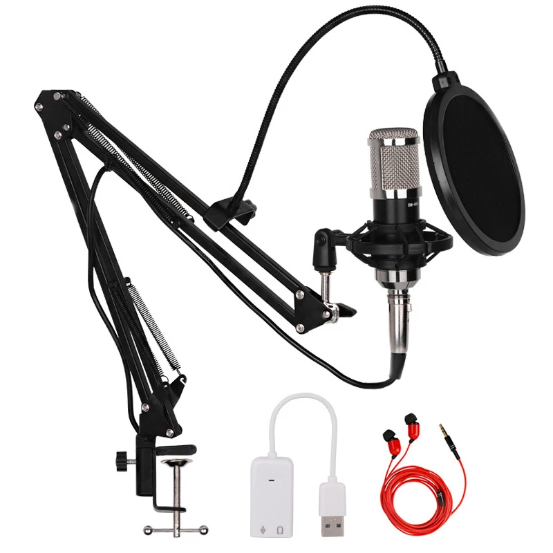 

BM800 Microphone, 360° Universal Desktop Bedside Cantilever Bracket Anchor Live Broadcast Condenser Microphone Set Black