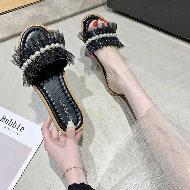 

Slippers Casual String Bead Lace Flat Shoes Female Summer Clogs Woman Pantofle Slides Luxury Beach 2021 Basic Rubber PU String B