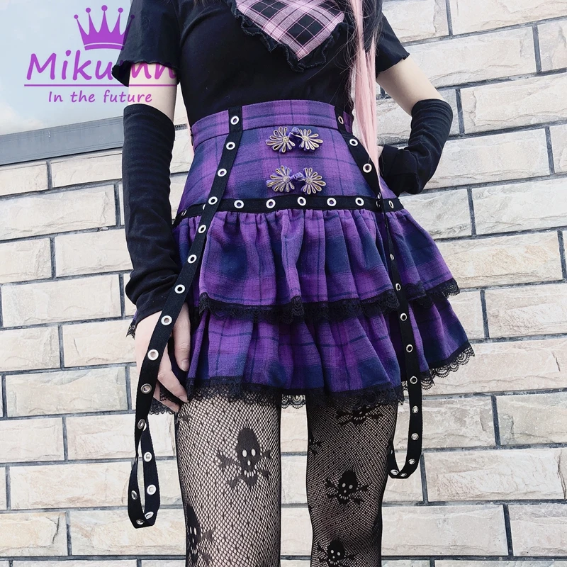 

Harajuku Punk Metal Ribbon Fashion Plaid Lace Skirt Gothic Lolita High Waist Pleated Cake Mini Skirt Women Sexy Short Skirts