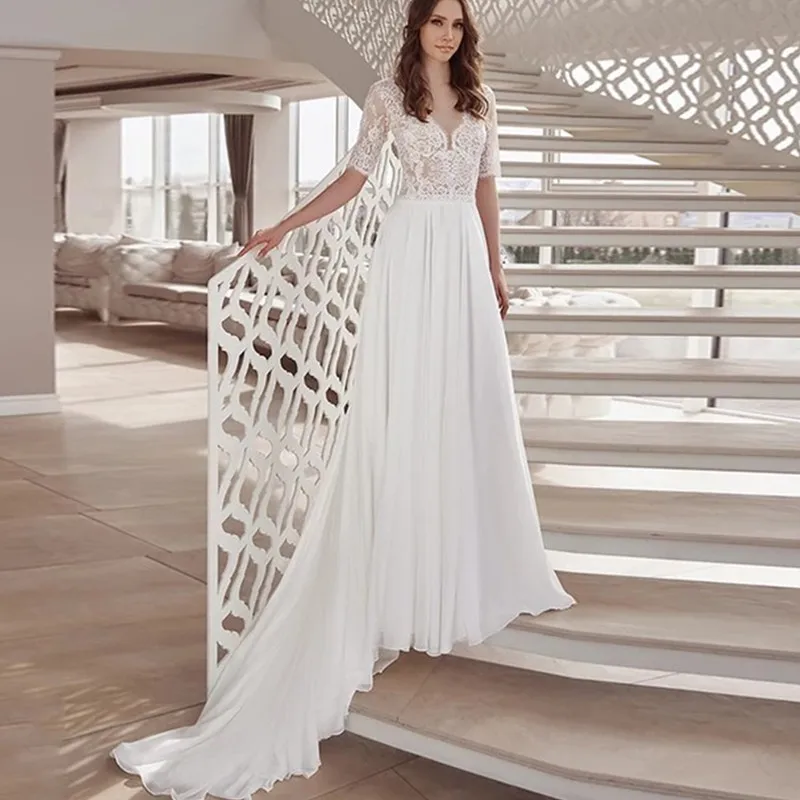 

Boho Elegant V-Neck Wedding Dress 2021 Lace Appliques Half Sleeve Botton Chiffon Brush Train Beach Bridal Gown Robe De Mariée