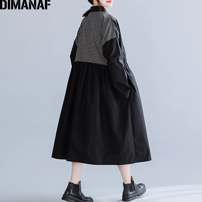 DIMANAF плюс размер зимнее винтажное женское платье свободное Плиссированное