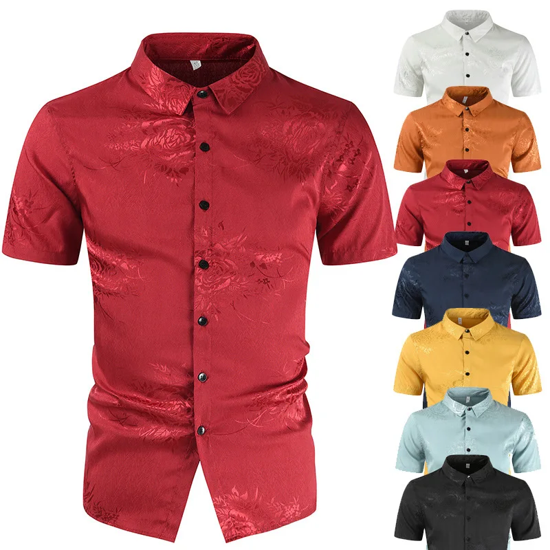

Summer Mercerized Cotton Shirt Mens Casual Embroidered Shirt 3D Floral Print Short Sleeve Red Male Party Social Shirt Plus Size
