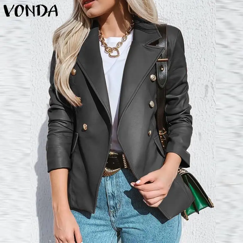 

VONDA 2021 Fashion PU Leather Women Blazer Autumn Casual Solid Office Formal Suit Blazer Long Sleeve Party Buttons Outerwear