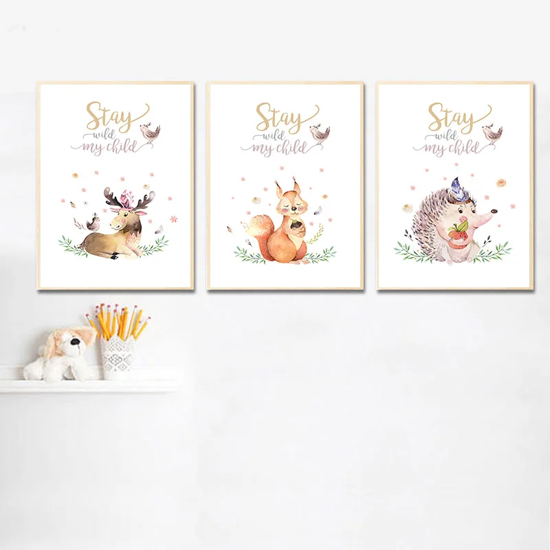 Водные цветные лесных животных холст детская Плакаты Детские стихи принт