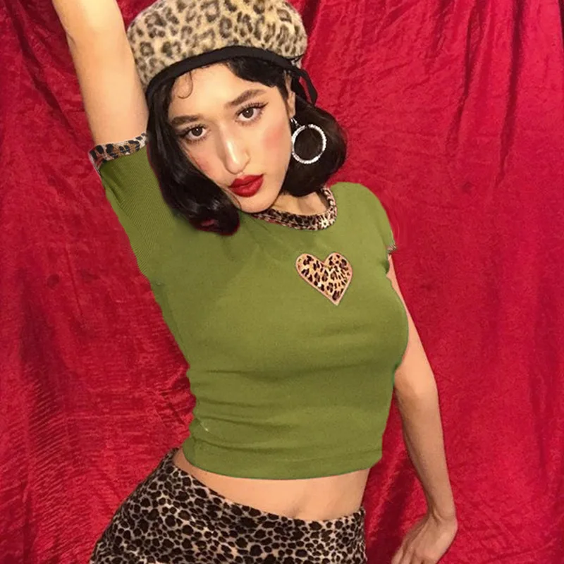 

Women T-Shirt Casual Short-Sleeved Top Love Leopard Print Red Green Tight-Fitting Temperament Navel t Shirt Crop Top Summer